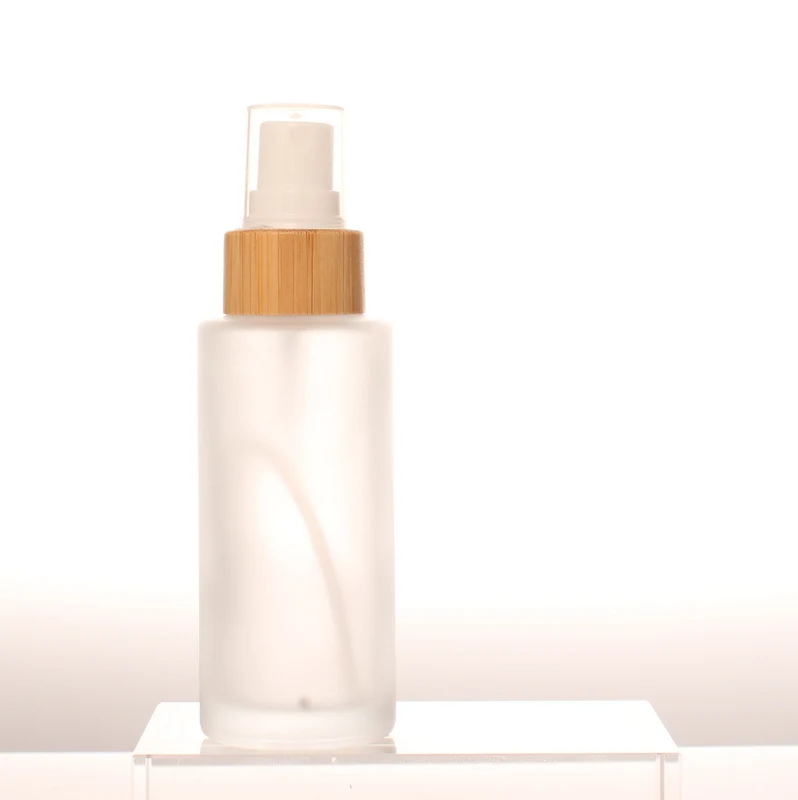 50ml Stock Low MOQ 1 PC Frost Glass Bottle Bamboo Collar Ring Fine Mist Glass Spray Bottle with Your Own Logo