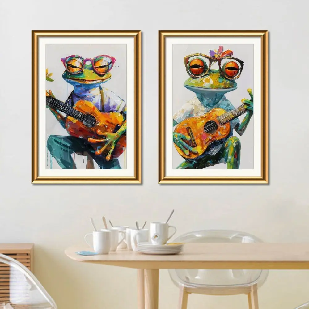 Modern Style Framed Painting Colorful Frog Playing Piano for Home Living Room Bedroom Simple Dining Room Decorative Painting