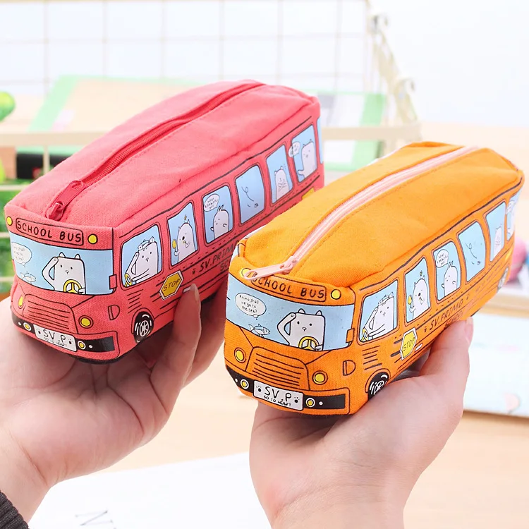 New design korea school bus car shaped canvas pencil storage animal print kids pencil case