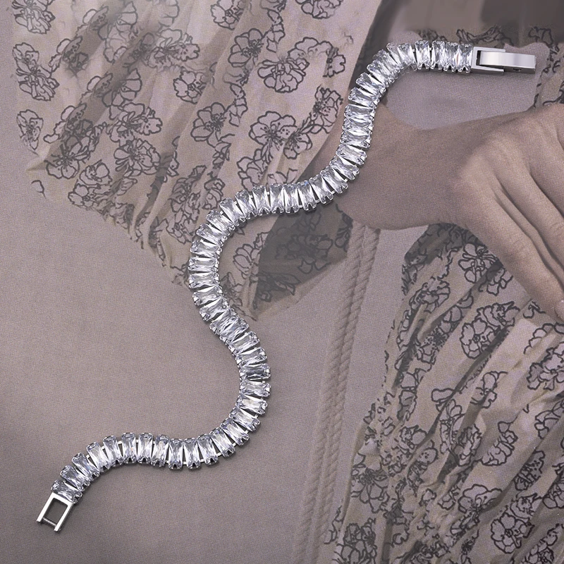 Women Luxury Jewelry Link White Zircon CZ Stone Iced Out Baguette Lab Grown Diamond Tennis Chain Bracelets For Women