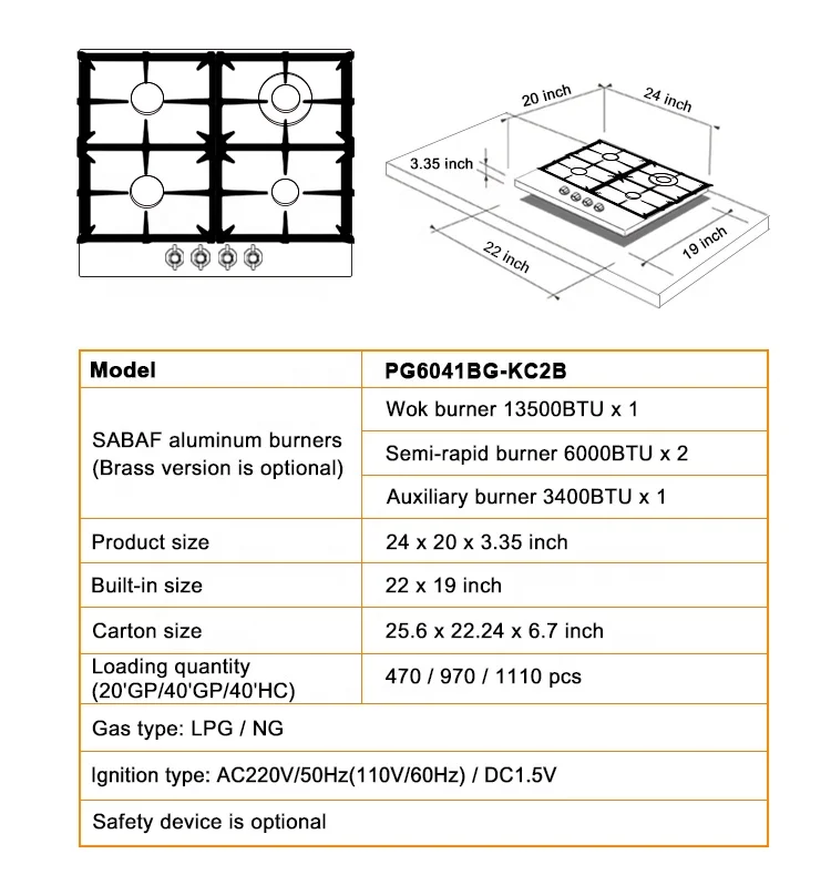 Custom Build in 4 SABAF Burner Gas Hob Black Tempered Glass Cocina a Gas