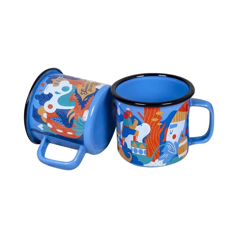 Customized Printing 8cm Enamel Mug Blue Enamel Camping Mug with Full Wrap Printing Custom Printed Enamel Coffee Mug