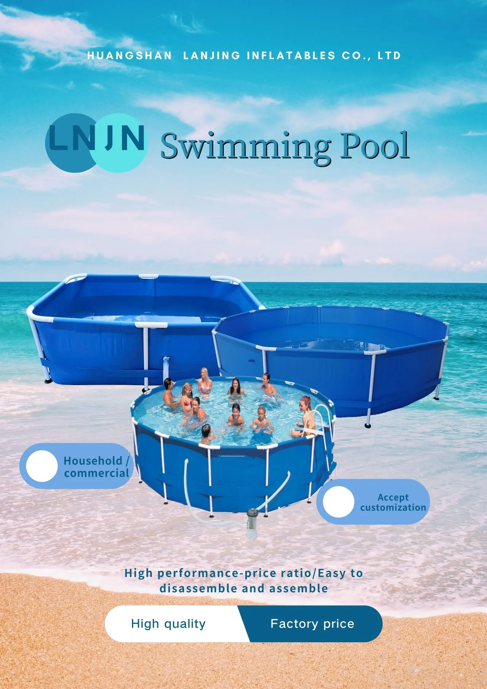 Hot selling above ground outdoor customized/sur mesure pvc steel frame swimming pools manufacturer