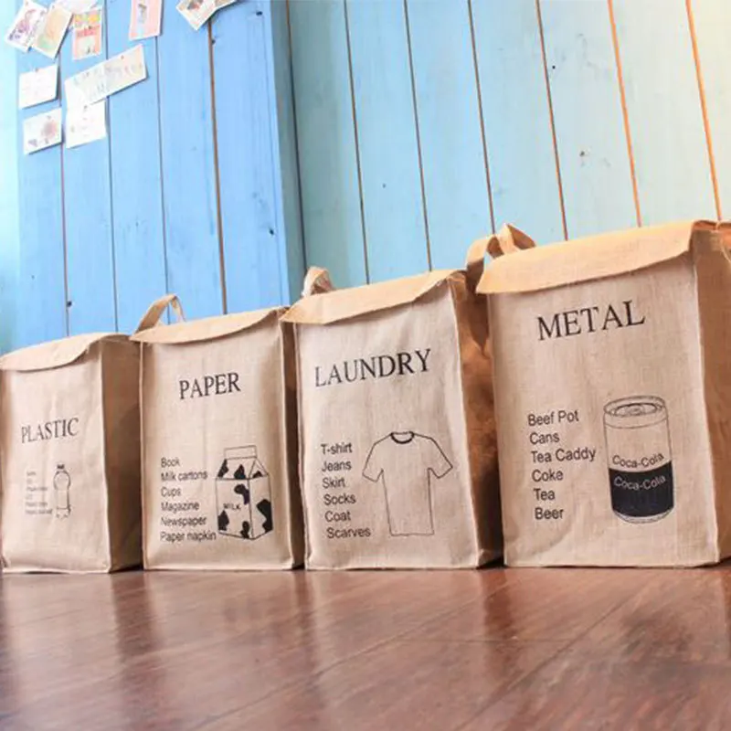 Portable Folding Waterproof Large Capacity Natural Jute Storage Bag Laundry Basket Laundry Bag with HOOK & LOOP