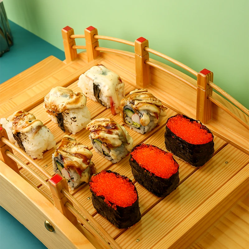 High Quality Japanese Bamboo Wooden Sushi Sashimi Serving Bridge Plate Holder Tray Fish Unbreakable