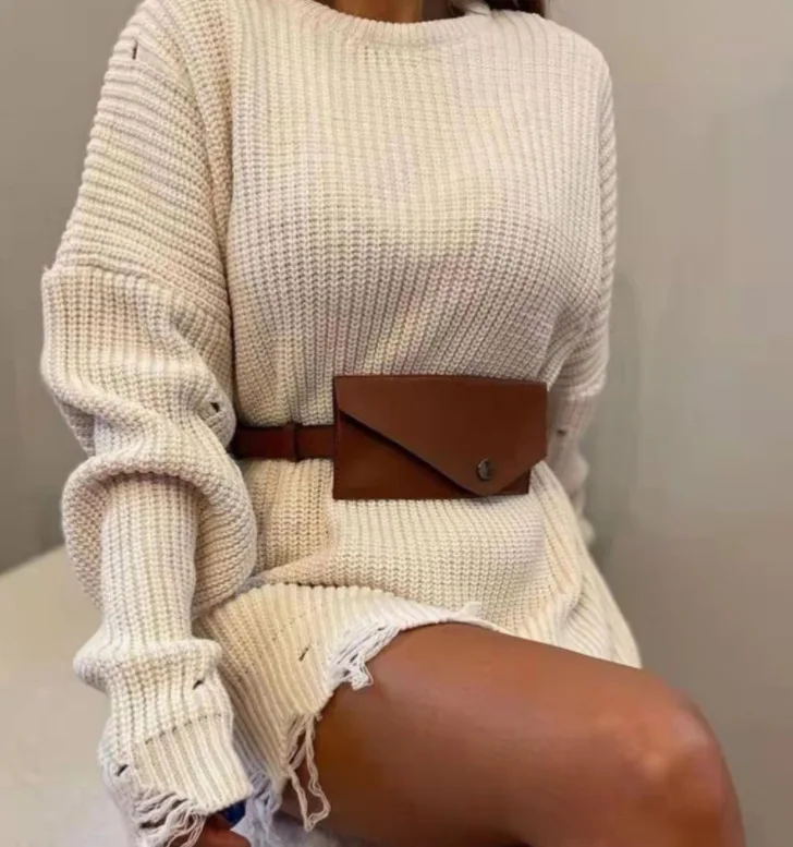 High quality knitted dress V Neck women loose long sleeve hollow pullover casual ladies crop mid length  sweater  dress