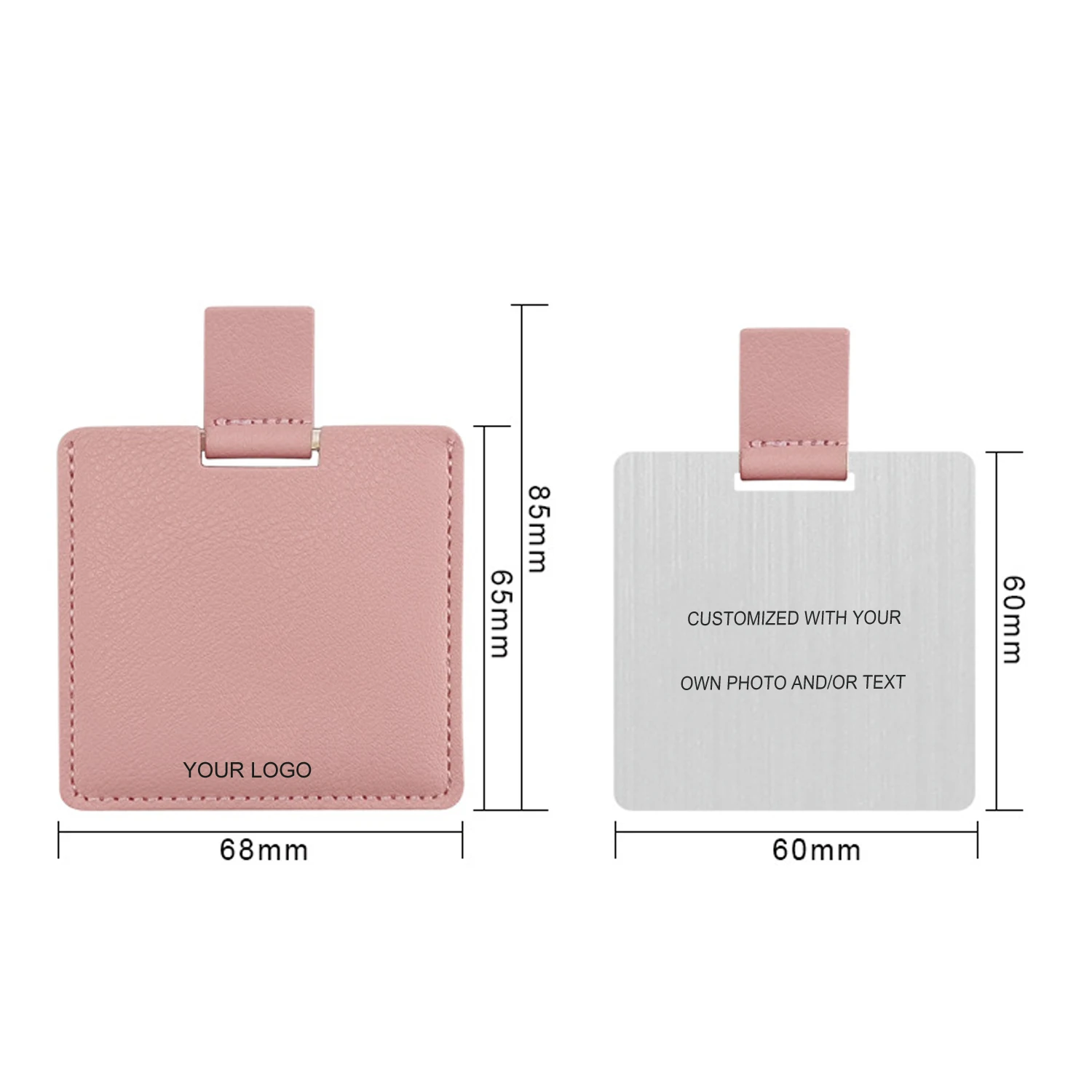 Mauri  Wholesale Pink Square Pu Pocket Mirror Embossed Travel Stainless Steel Metal Small Cosmetic Mirror with Pu Leather