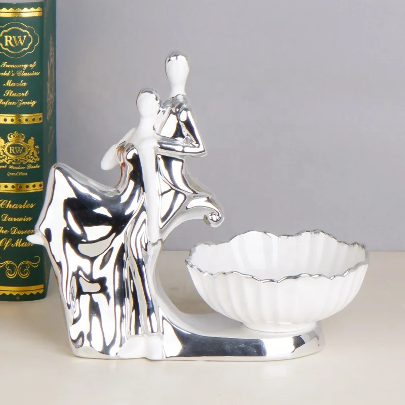 European Silver and Gold Ballet Double Dancing Sculpture Statue Fruit Bowl Ceramic Figurine Couple Dancing Home Decor