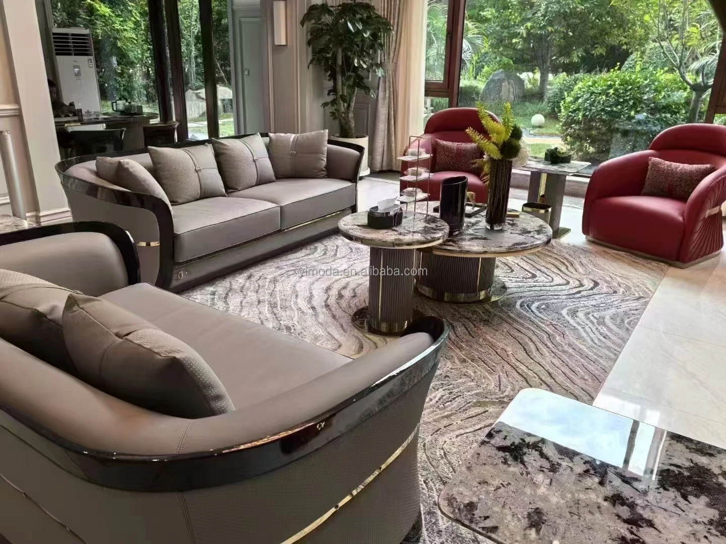 Modern Italian design luxury living room villa hotel sofa furniture Red Grey contrast leather sofa set couch sofa