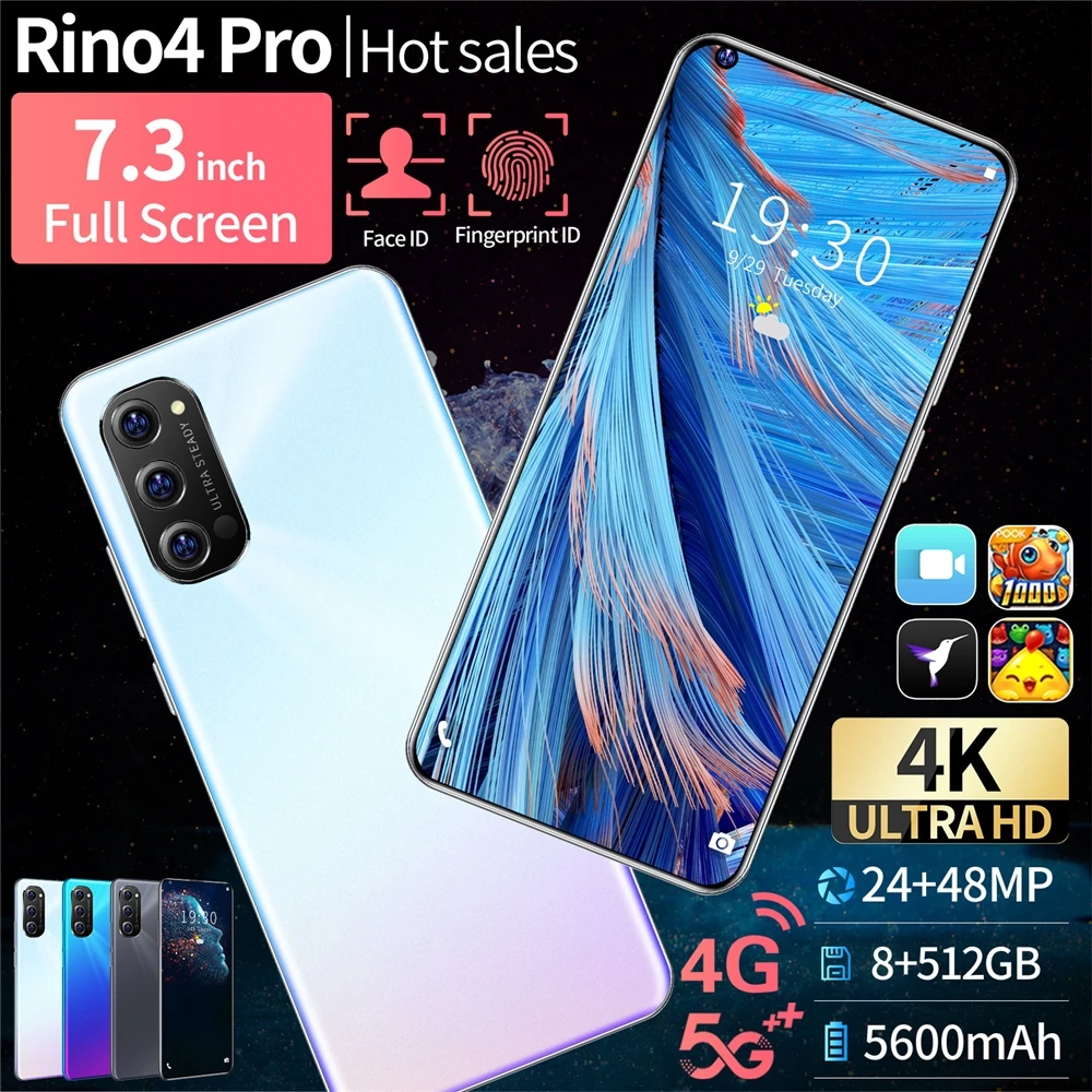 Дешевые Rino4 Pro 10core 8 ГБ + 512 ГБ 5600 мАч MTK6889 7,3 'full HD экран 24MP + 48MP задняя камера, определение отпечатка пальца ID с распознаванием лица