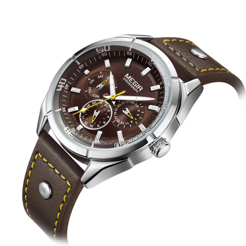 Relojes Para Hombres Megir 2072 Men Casual Leather Watches Luminous Hands Male Clock Fashion Sport Watch Waterproof