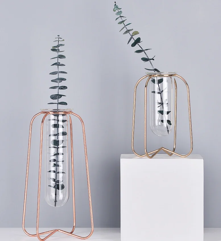 Ins hot sale High quality Metal Frame Wrought Iron Flower Glass Vase Decorative metal wire flower vase For Home Decor