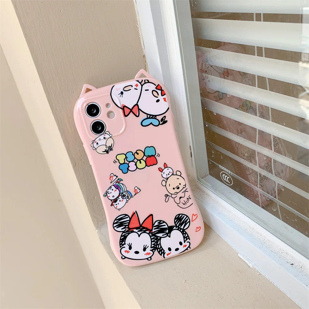 Kawaii Pink 3D Cat Ear Cartoon Animals Soft Silicone Printing Mobile Cover Phone Case For iphone 11 12 13 Xs Xr 7 8