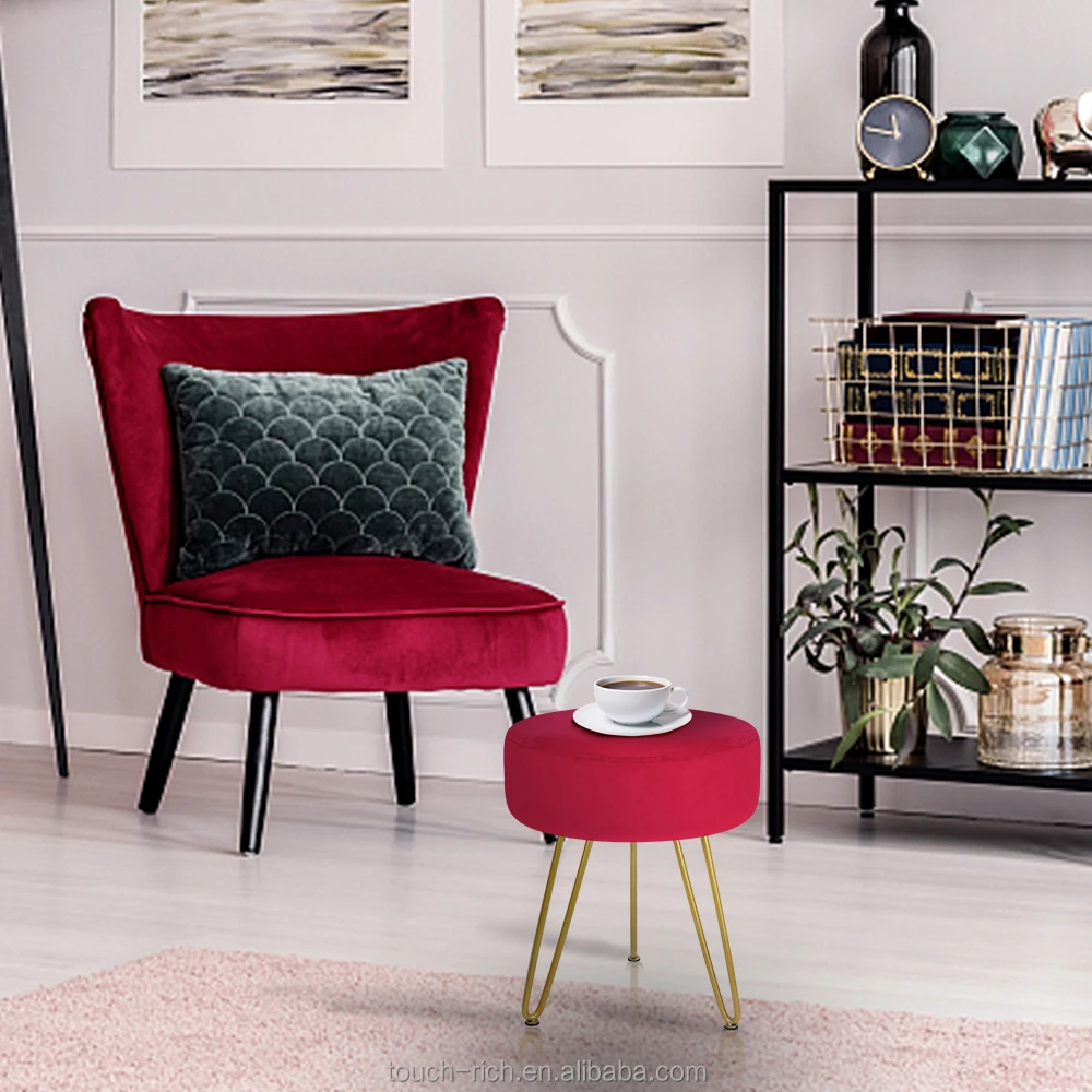 Круглый Бархатный оттоманка для ног, бархатный туалетный стул с золотыми металлическими ножками, мягкая подставка для ног, стул для макияжа, оттоманка
