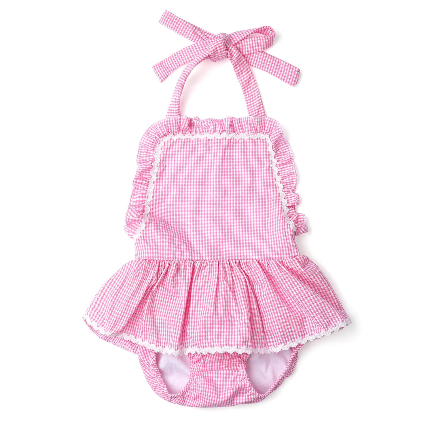 Monogram seersucker swimsuit kid girls with ruffle  one piece bathing suit swimwear summer baby toddler swimsuit