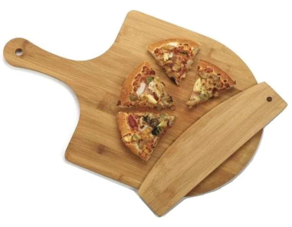 Custom bamboo wood pizza peel with cutter rocker bamboo pizza peel