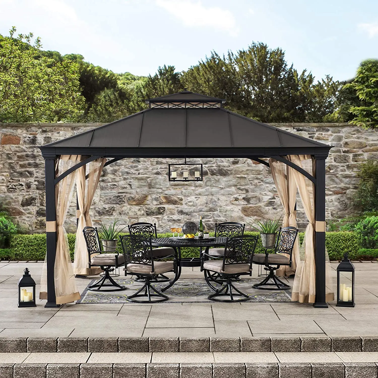 Wholesale Patio Garden 2-Tier Rust-Resistant Steel Roof And Mesh Netting Pergola Metal Steel Frame Hardtop Gazebo Outdoor