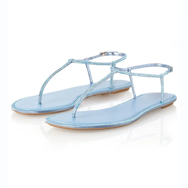 Summer Classy Luxury Rhinestone Blue Glitter Fashion Thong Flats Sandals For Women And Ladies Shoes