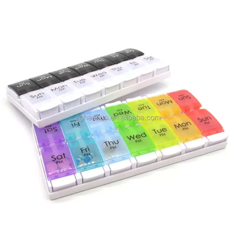 High quality factory supply Double row 14 grid press bouncing combined 7 grid rainbow portable plastic medicine box