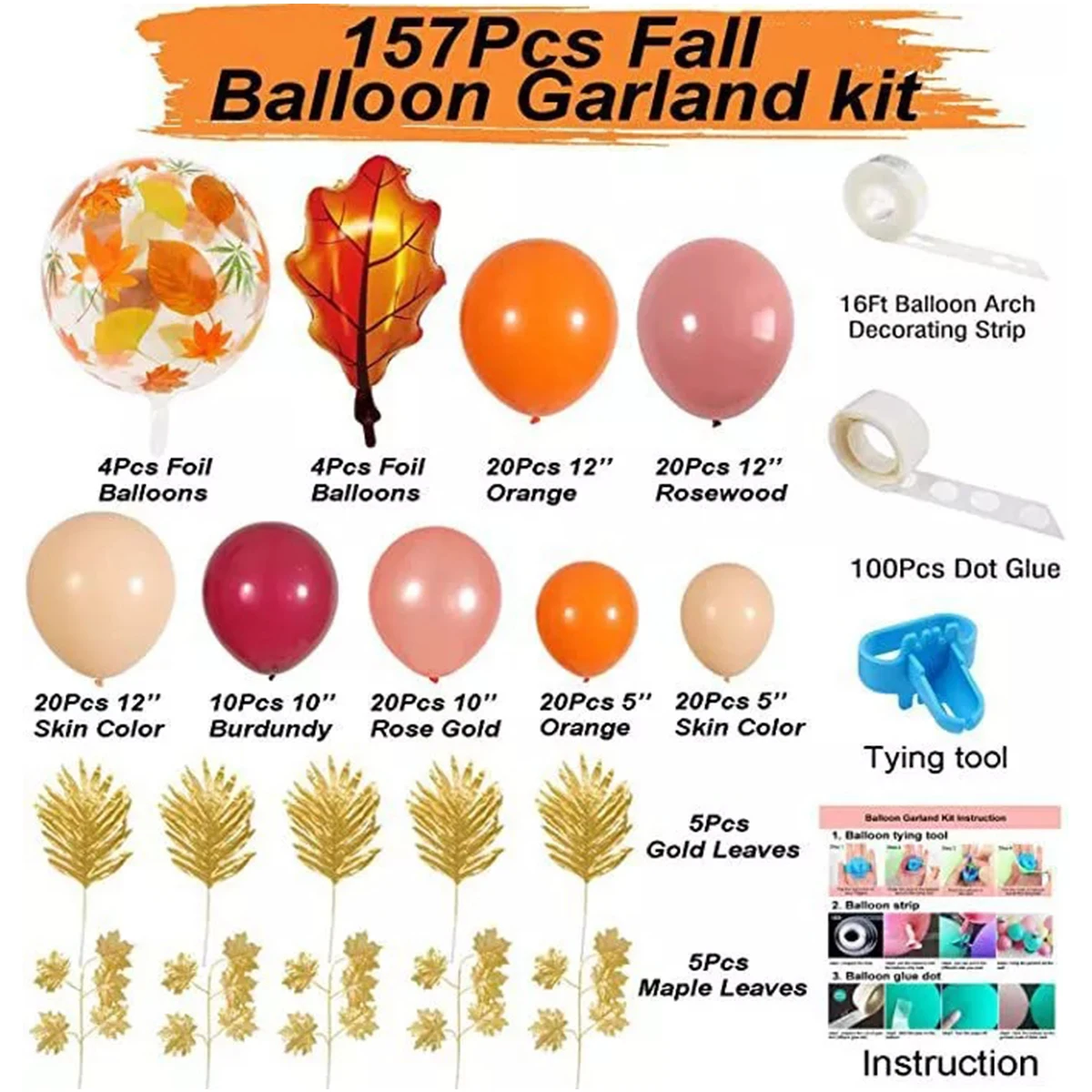 157pcs Confetti Foil Balloons and Artificial Maple Leaves Garland for Thanksgiving Party Supplies Balloon Garland Arch Kit