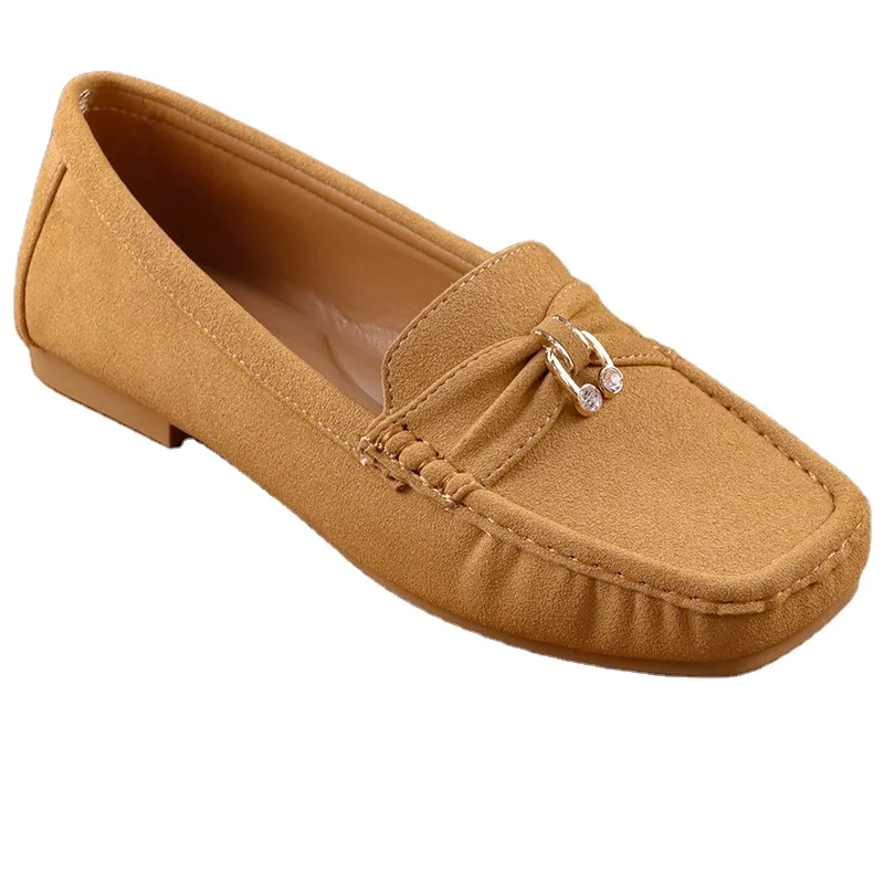 Suede Moccasin Shoes Pendant Decoration Ladies Close Toe Softsole Anti-slip Driving Square Head Slip On Loafers Ballet Flats