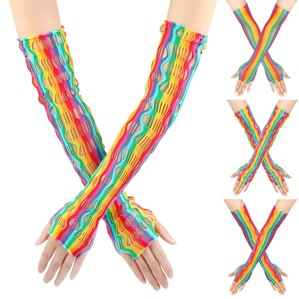 Lady Hollowed Fingerless Gloves Girl Carnival Halloween Party Long Fishnet Rainbow Gloves