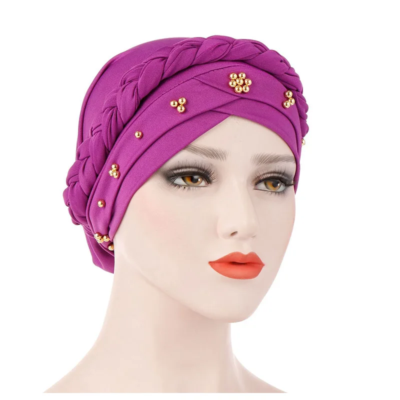 New European American Spring Tube Autumn Baotou Milk Silk Monochrome Beaded Plait Turban Headband Hat in Stock
