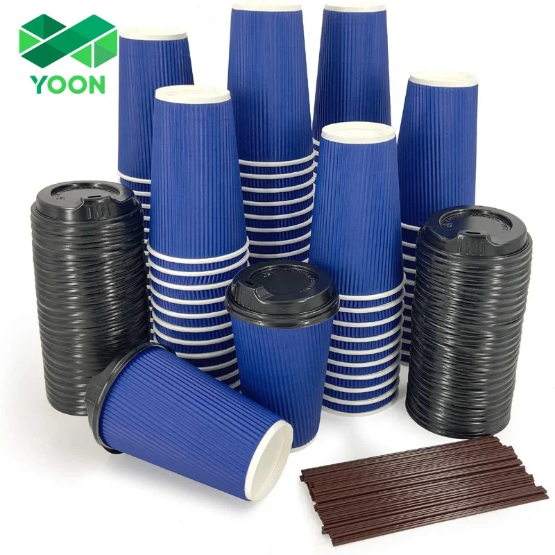 Take-Away Insulated Corrugated Cups with Lids Blue Coffee Cup Ripple Wall Hot Drink  Paper Cups