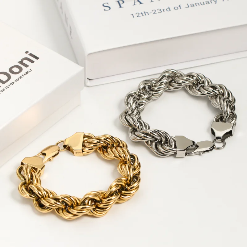 Hip Hop Custom Logo Bijoux Homme 16mm Twist Heavy Chunky Big Gold Plated Rope Chain Stainless Steel Jewelry Men Bracelet
