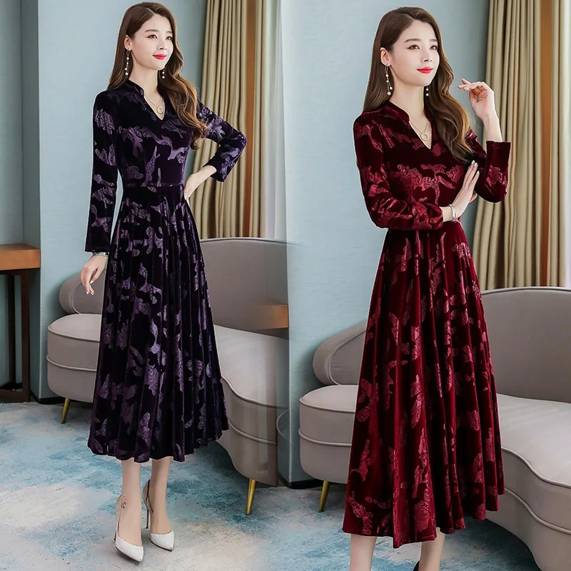 Women vintage v-neck long sleeve winter midi casual velvet dress lady