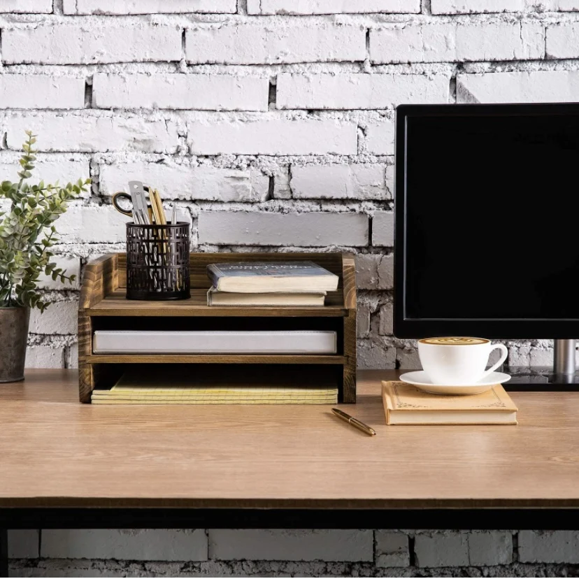 Dark brown wooden storage decoration galvanized office desk folder storage box