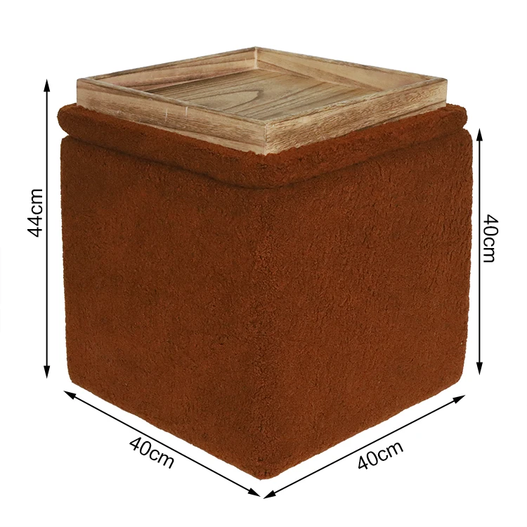 Ottoman pouf coffee table storage stool Brown cube velvet stool with wooden storage tray for home hotel office