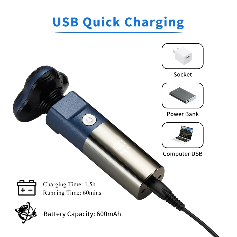 New Triple Rotary Heads Waterproof Beard Shaver For Men Rechargeable Electric Shaver Razor With Led Display