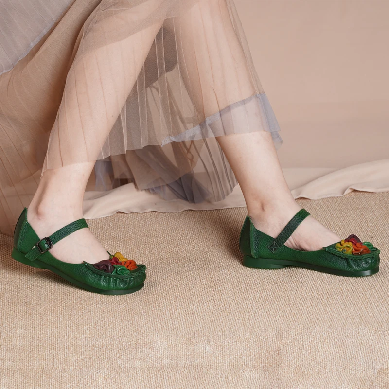 
Women Fancy Flat Shoe Loafer Floral Bohemian Round Toe Handmade Genuine Leather Casual Soft Sole Shoe Lady Ballet Shoe 