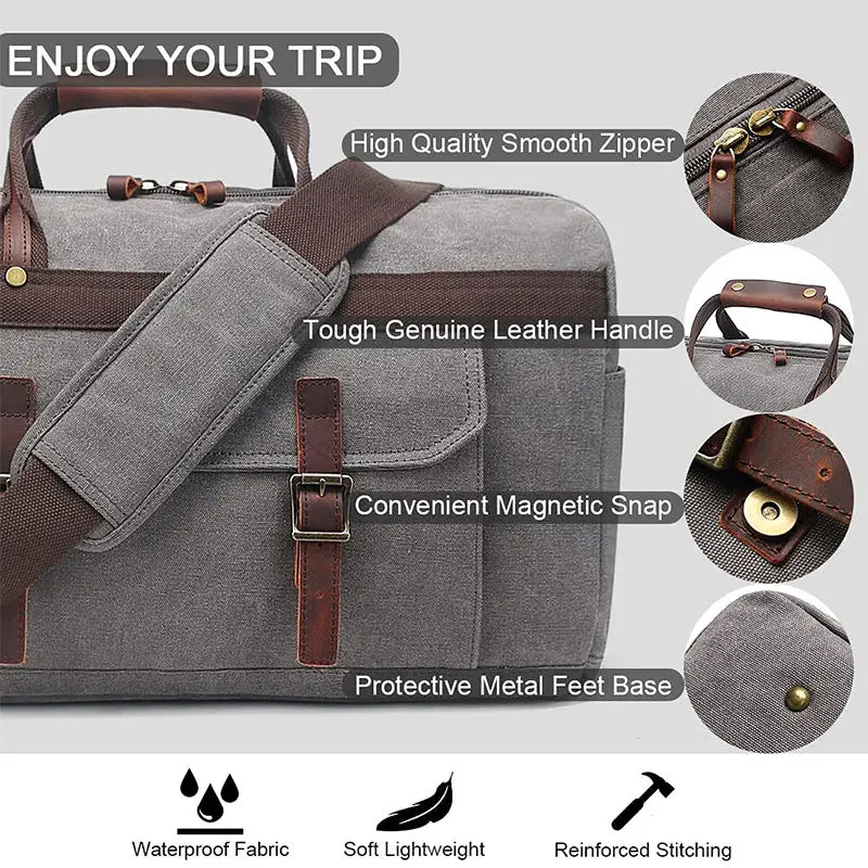 Large Capacity Genuine Leather Canvas Travel Duffel Bags Sport Gym Weekender Bag
