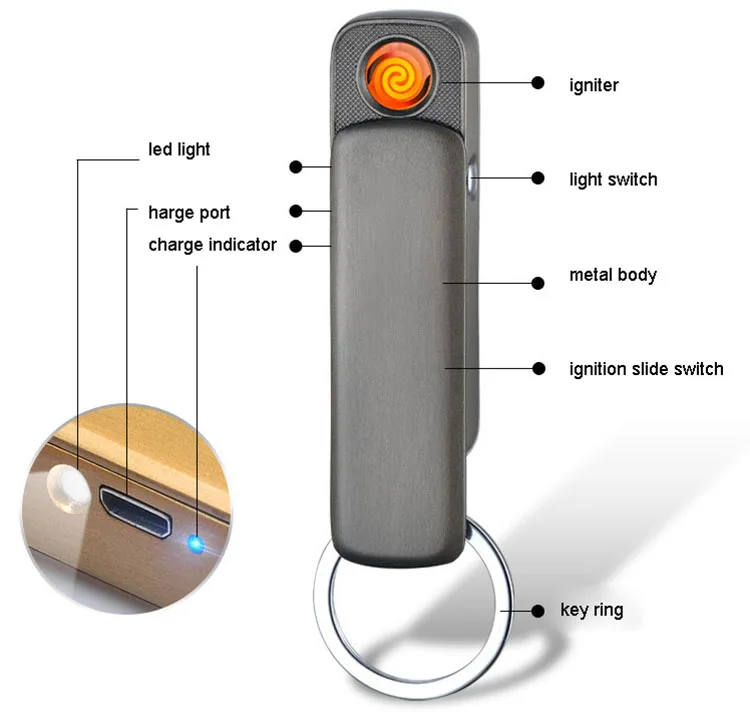 wholesale men gifts cheap gold windproof electric lighter usb rechargeable fancy mini keychain lighter with led flashlight light