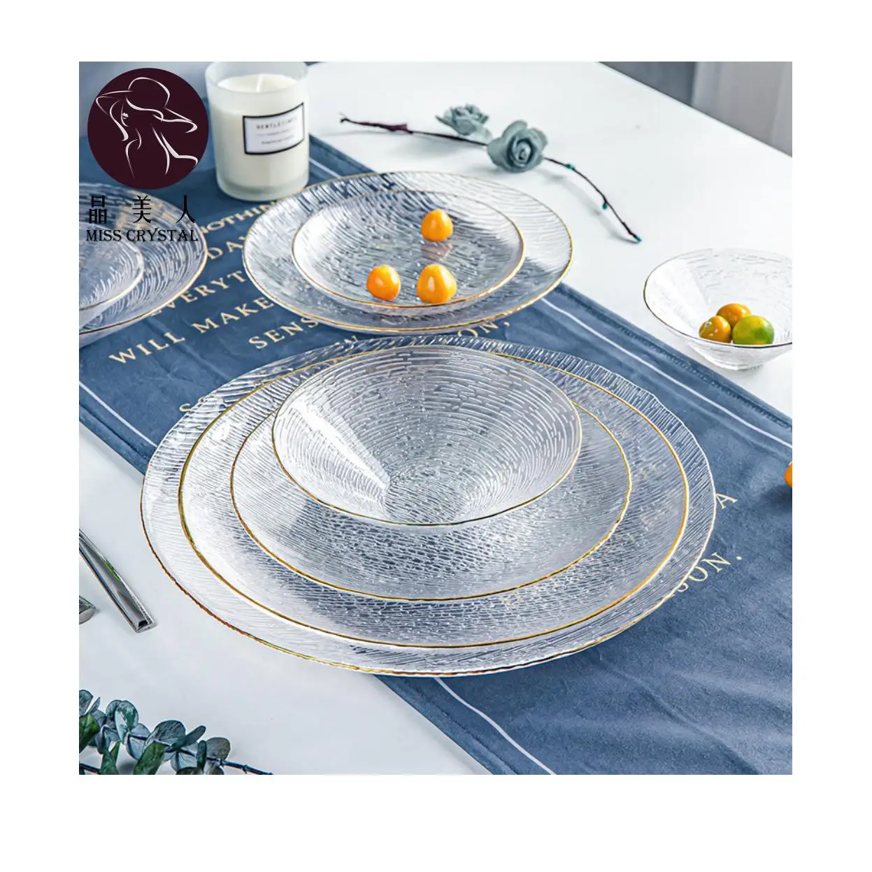Premium Glass Dinnerware Sets Woven Glass Chargers with Gold Rim Quartz Glass Bowls and Plates for Upgrade Your Table Setting