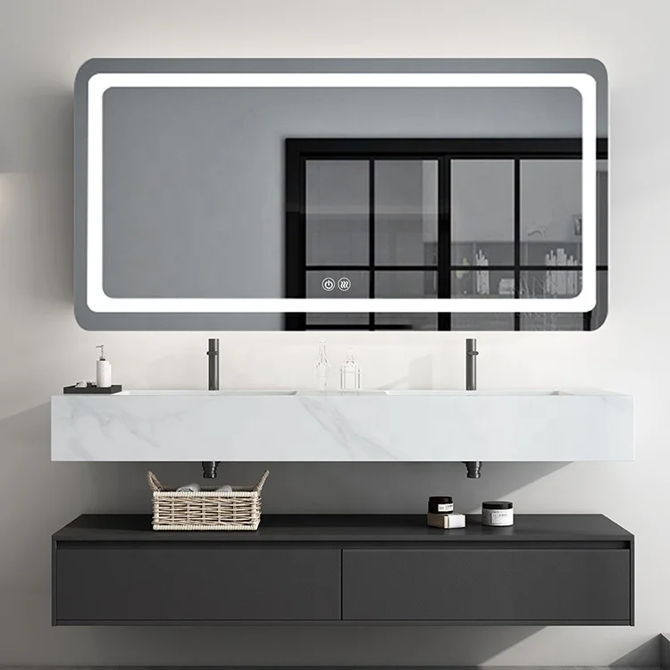 Wall Hung White Sintered Stone Top Double Sink Bathroom Furniture Cabinet