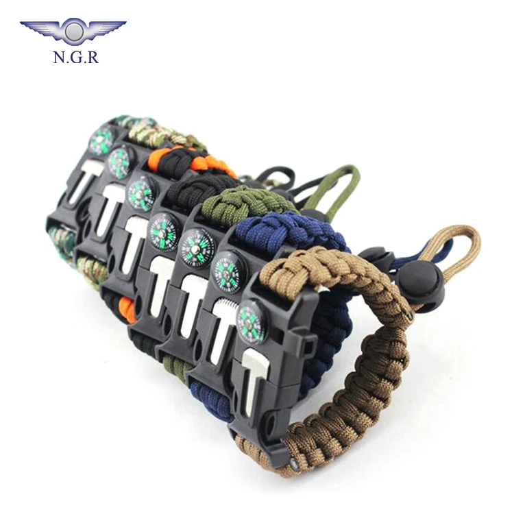 Outdoor hiking and camping equipment adjustable survival bracelet with flint firestarter whistle and compass