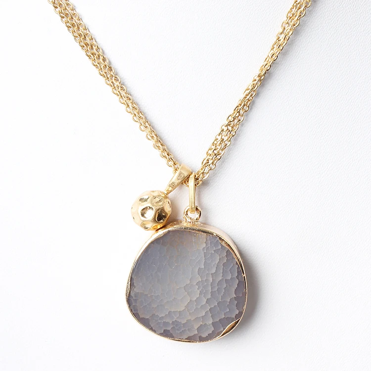 Qingdao V&R Jewelry Smykker Grey Semiprecious Stone Worn Gold Plating Hammered Metal Ball Pendant 3 Chains Necklace