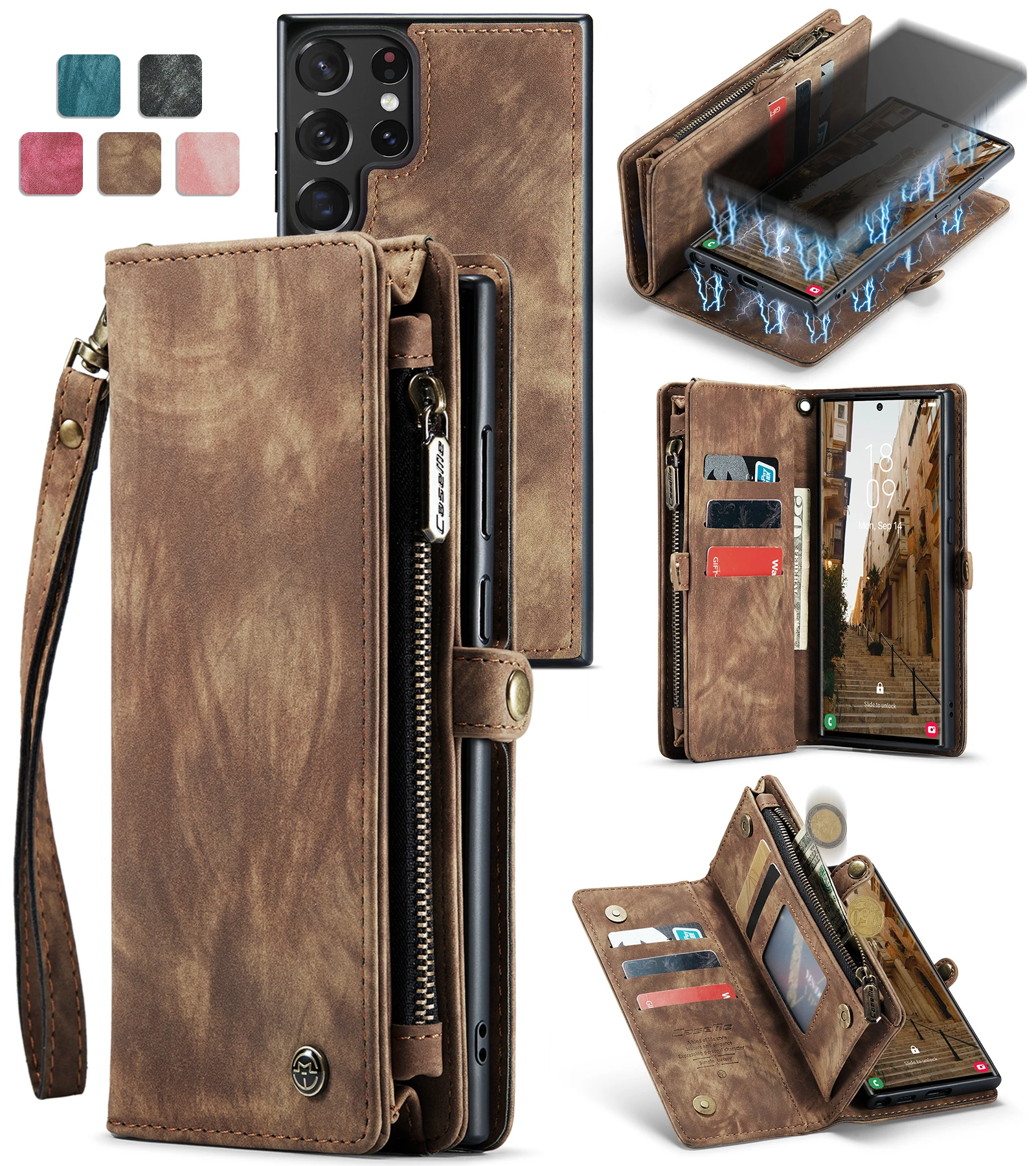 Caseme for Galaxy-S23-Ultra/Plus Wallet Case Flip Folio Leather Book Cover w/ Stand Card Slots Magnetic Shell Hand Strap Zipper