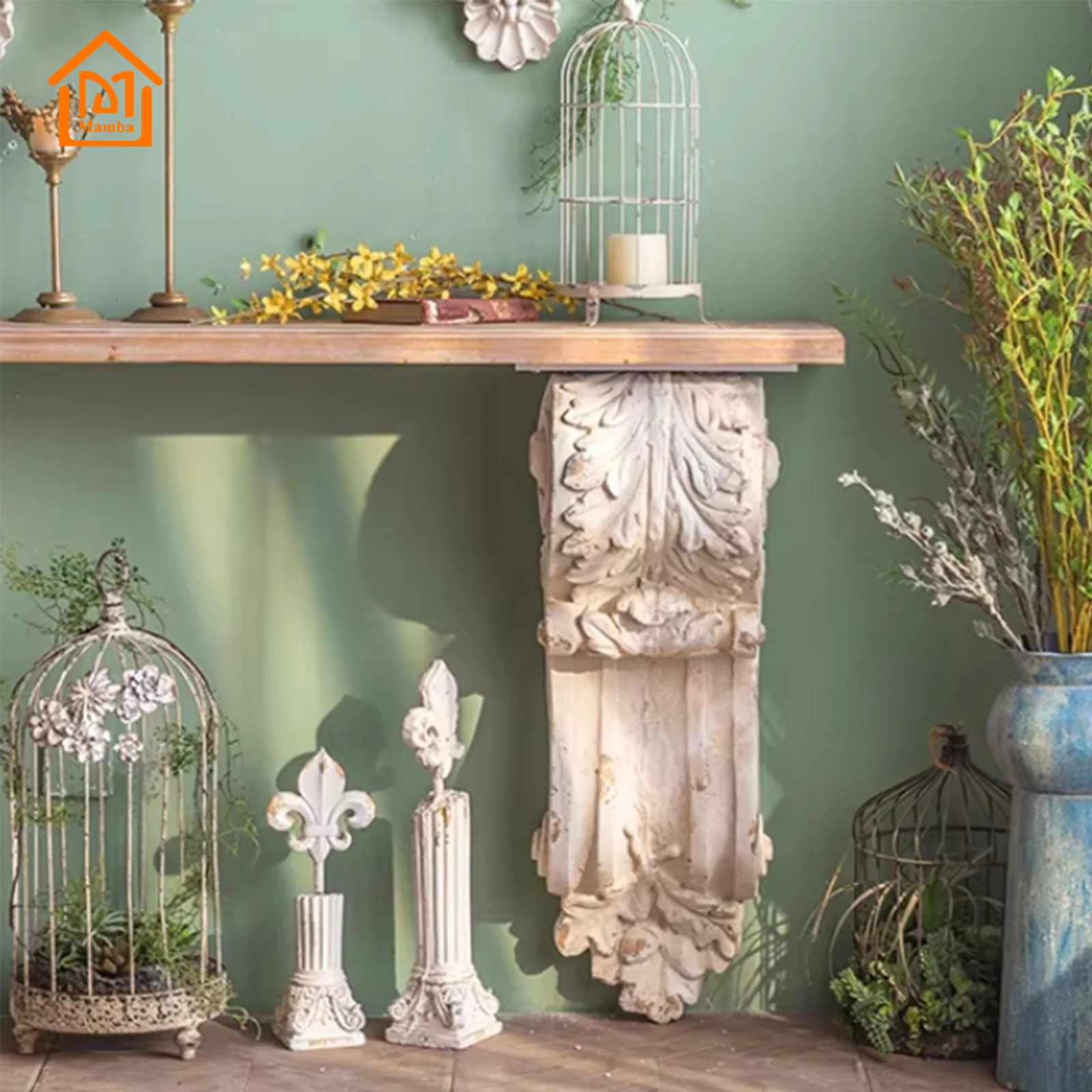 Retro Design Home Furniture Side Table Console Entrance Hallway Wood Console Table With White Carving Base