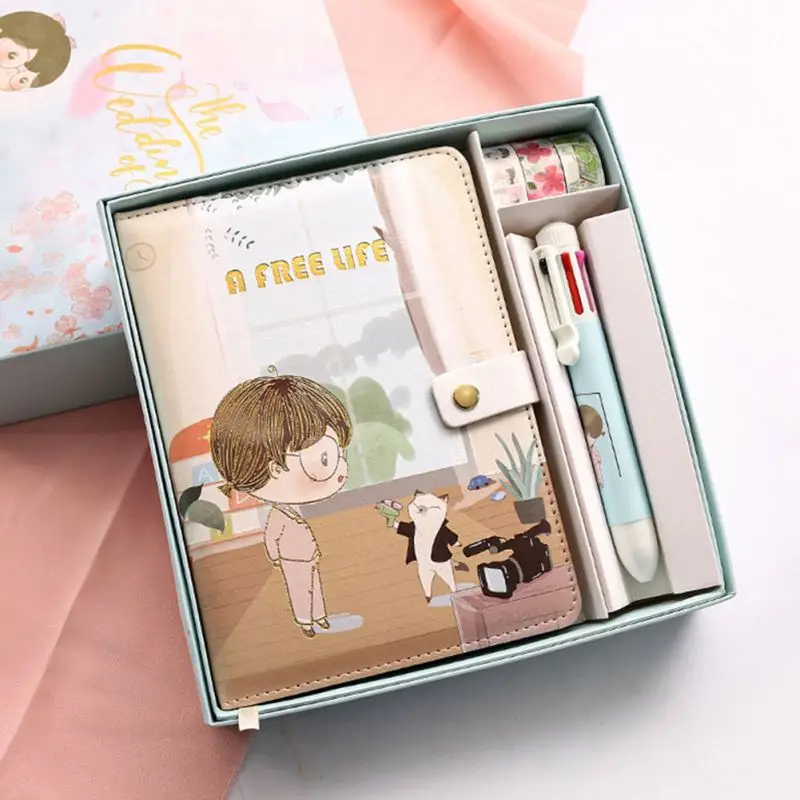 2023 Hot Sale Kawaii, Stationery Mini Journal Cute Cartoon Boy And Girl 100 Pages Multi Color Notebook Set With Pen/