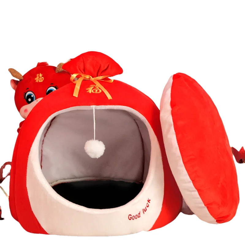 Custom Logo Hondenmand Washability Fluffy Cartoon Round Wholesale Calming Nest Cat Sleeping House Dog Cave Boucle Round Pet Bed
