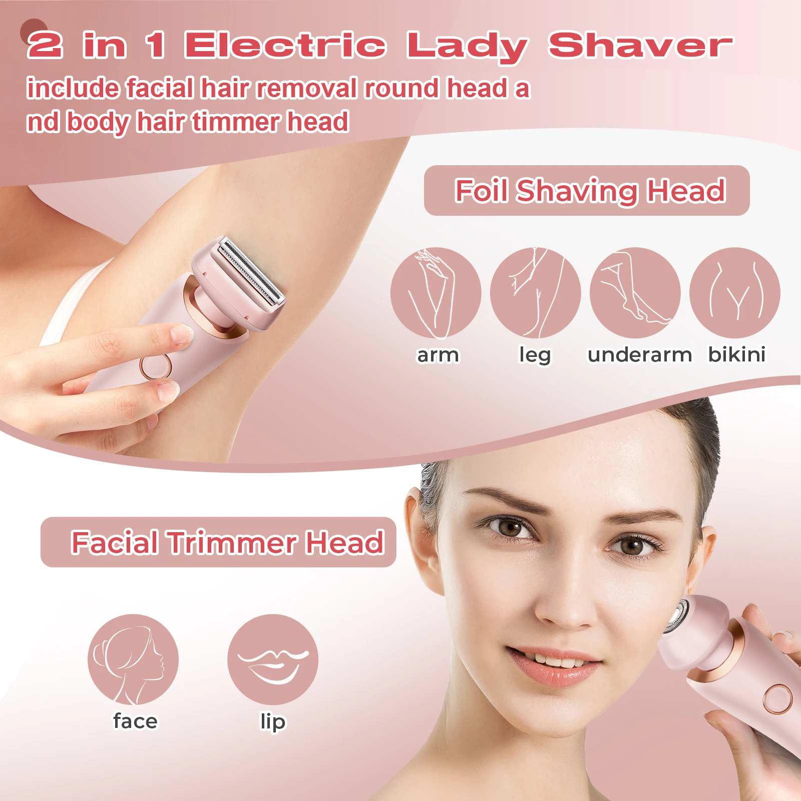 Ask for Discount 2 in 1 Wet Dry Electric Waterproof Razor Hair Removal Lady Shaver Trimmer for Bikini Leg Arm Underarm Area