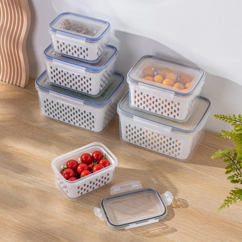 Vegetable Fruit Fresh Produce Fridge Refrigerator Fresh-keeping Storage Box Containers With Grid Strainer Drain Basket Crisper