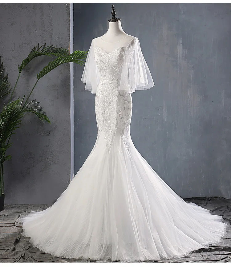 2019 Real Photo Short Batwing Sleeve Mermaid Gown sweep train lace up back Fish Tail wedding dress