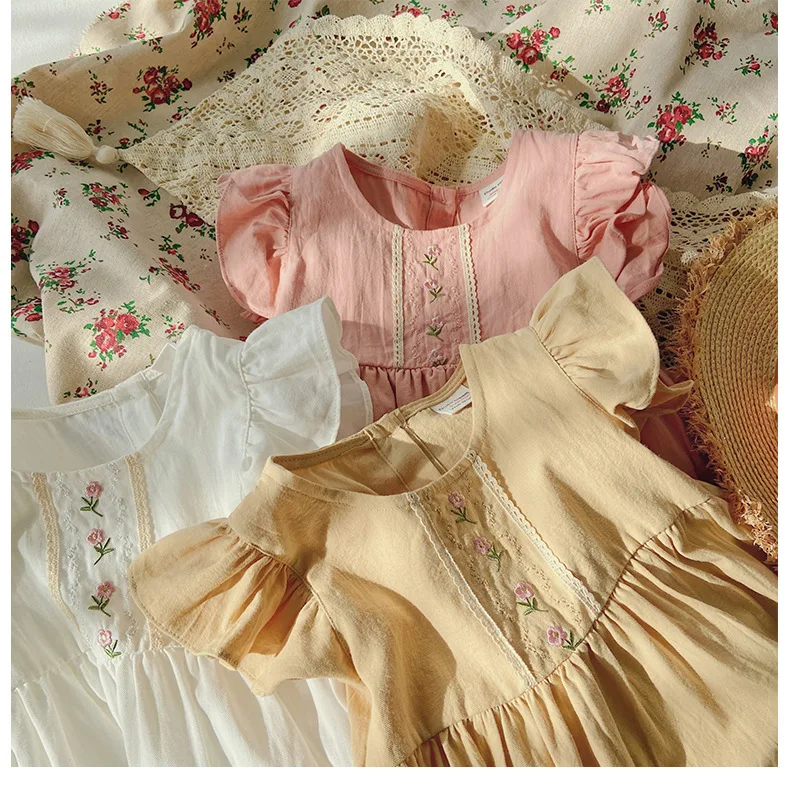 New Summer Korean Cute Toddler Girls Ruffle Sweet Floral Embroidered Dresses Fort Children Kids Sleeveless Cotton Princess Dress