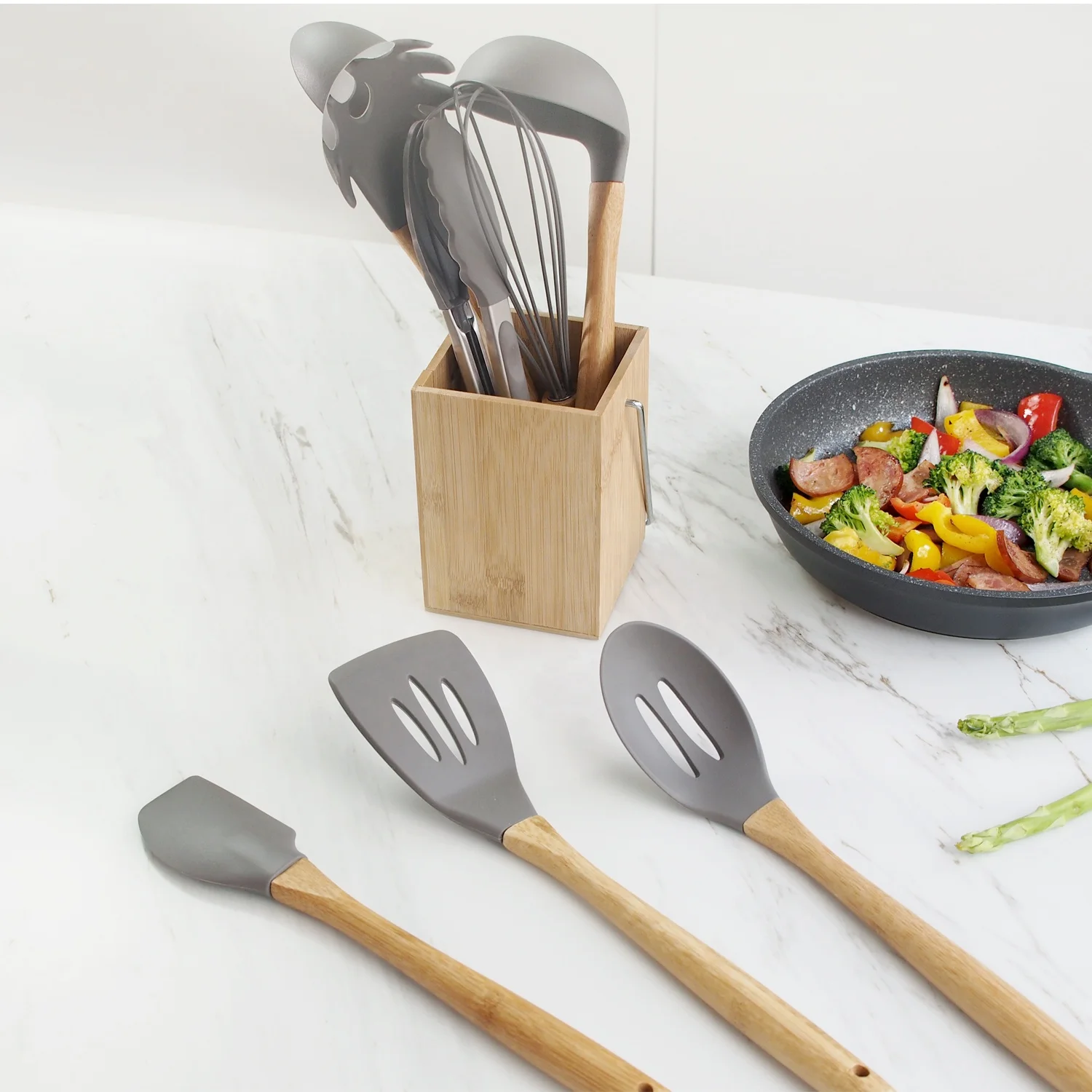Набор силиконовой посуды из 9 предметов деревянная ручка бамбука для антипригарной с держателем