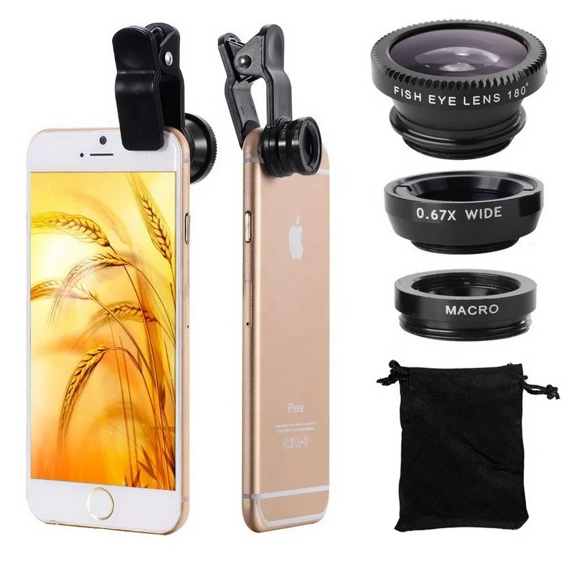 3in1 Fisheye Phone Lens 0.67X Wide Angle Zoom Fish Eye Macro Lenses Camera Kits With Clip Lens On The Phone For Smartphone
